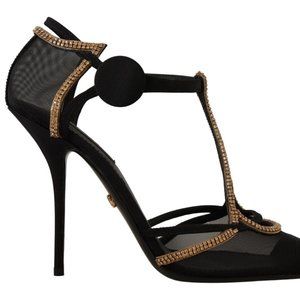 Dolce & Gabbana Black Crystal T-strap Heels Pumps Shoes